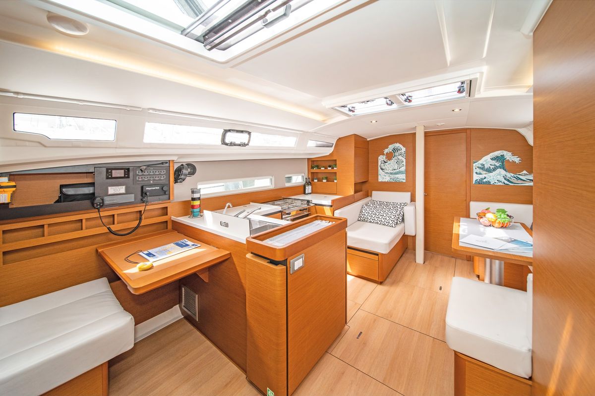 Salon of Geva X, a Jeanneau Sun Odyssey 410 sailboat at Kos, Greece