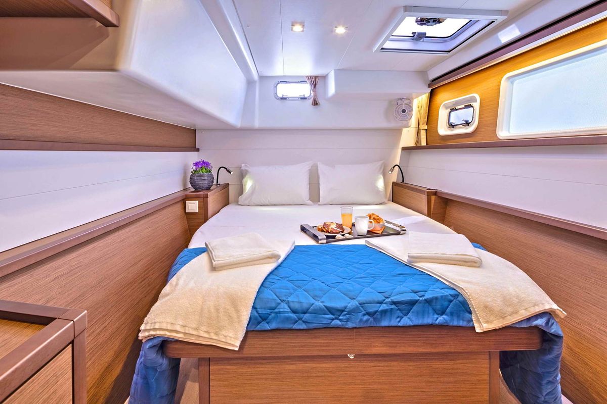 Cabin on Alegria, a Lagoon 450 Fly catamaran at Athens, Greece