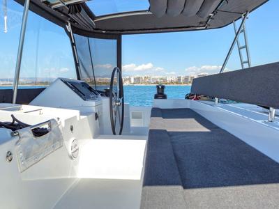 Cockpit of Alegria, a Lagoon 450 Fly catamaran at Athens, Greece