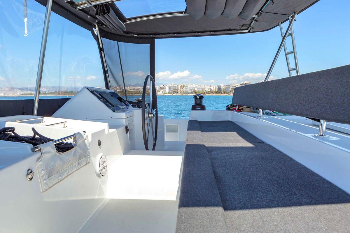 Cockpit of Alegria, a Lagoon 450 Fly catamaran at Athens, Greece