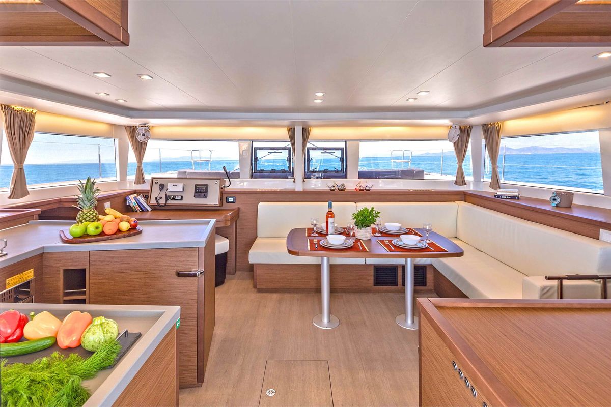 Salon of Alegria, a Lagoon 450 Fly catamaran at Athens, Greece