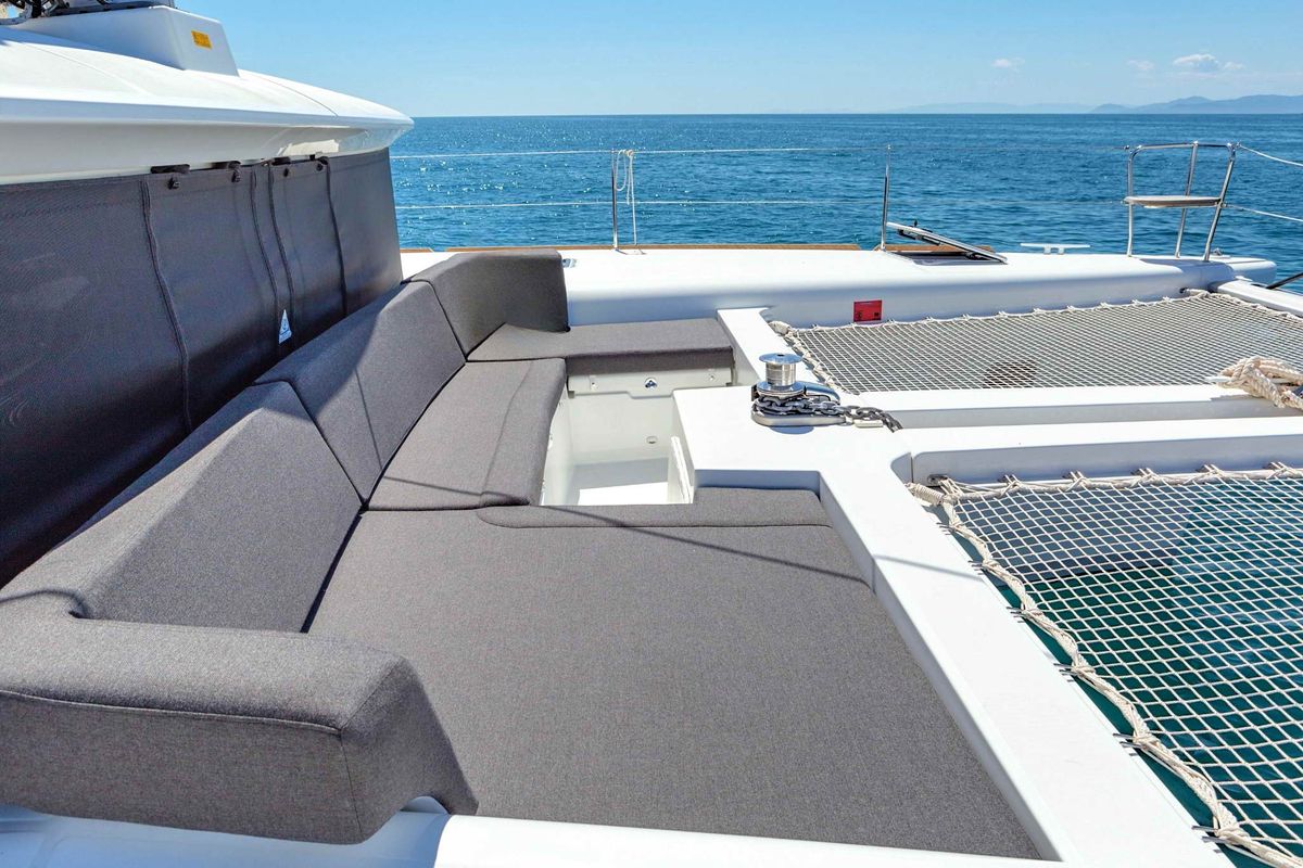 Deck of Alegria, a Lagoon 450 Fly catamaran at Athens, Greece