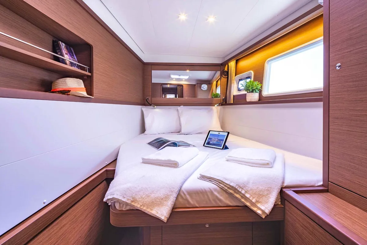 Cabin on Alegria, a Lagoon 450 Fly catamaran at Athens, Greece