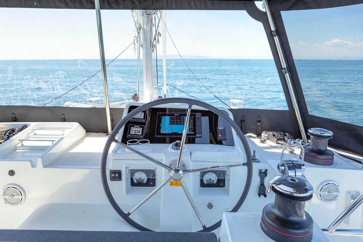 Cockpit of Alegria, a Lagoon 450 Fly catamaran at Athens, Greece