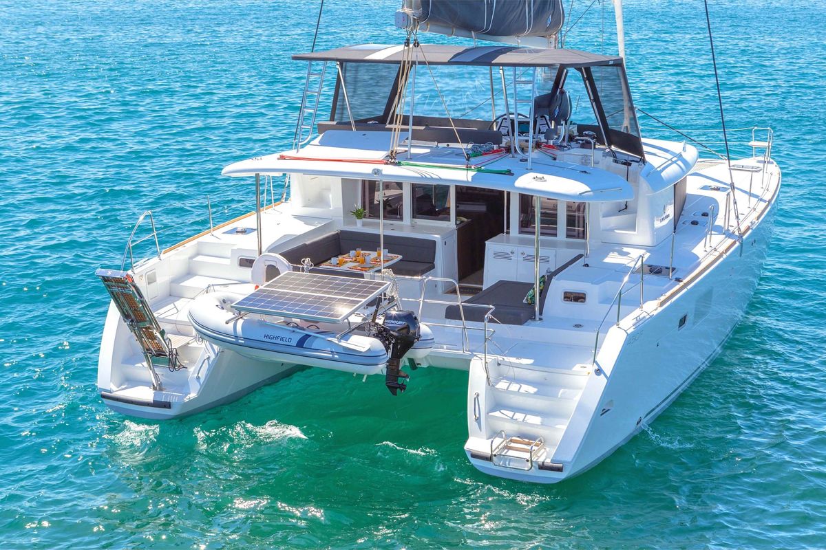 Exterior view of Alegria, a Lagoon 450 Fly catamaran at Athens, Greece
