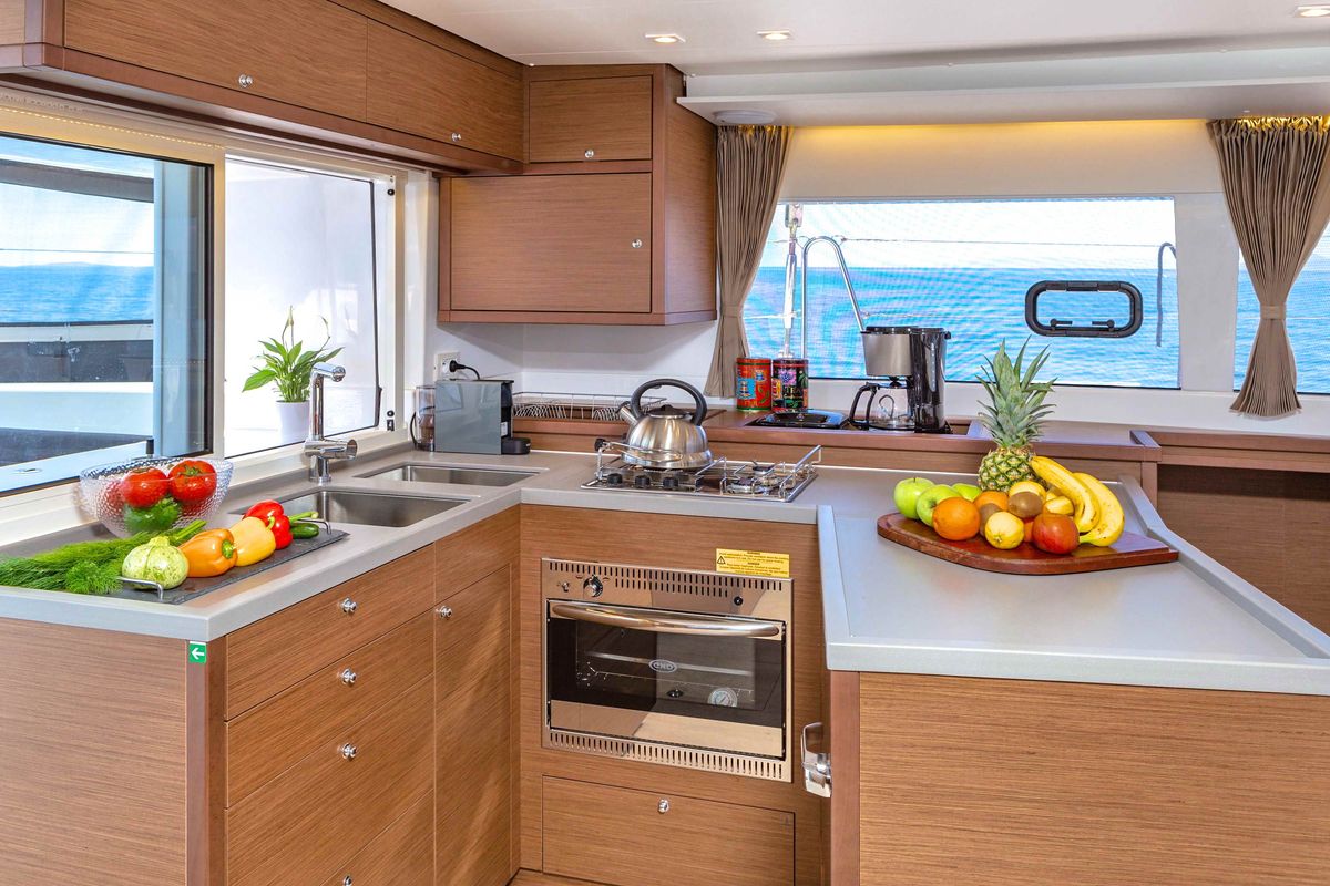 Galley of Alegria, a Lagoon 450 Fly catamaran at Athens, Greece