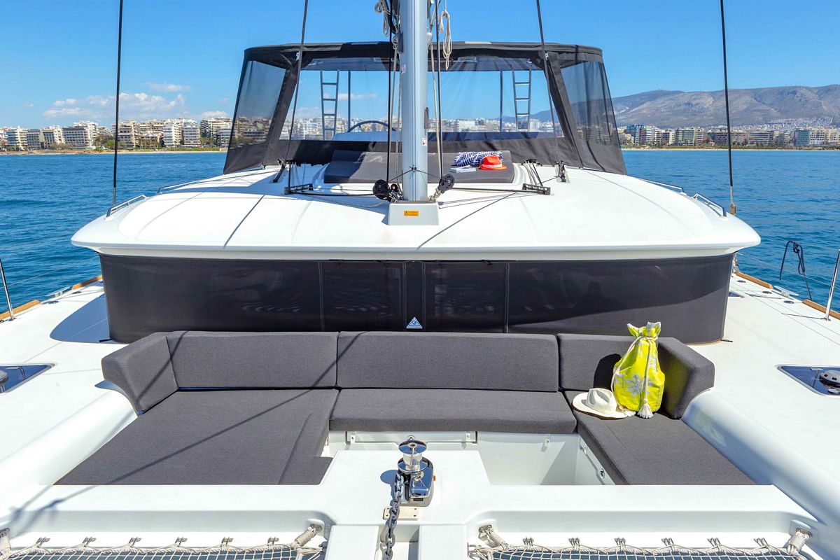 Deck of Alegria, a Lagoon 450 Fly catamaran at Athens, Greece