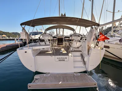 Deck of Hamam, a Hanse Yachts Hanse 508 sailboat at Fethiye, Turkey