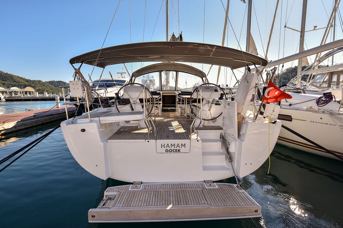 Deck of Hamam, a Hanse Yachts Hanse 508 sailboat at Fethiye, Turkey