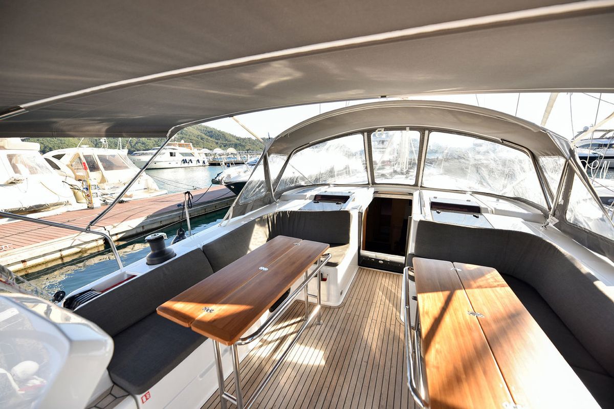 Cockpit of Hamam, a Hanse Yachts Hanse 508 sailboat at Fethiye, Turkey