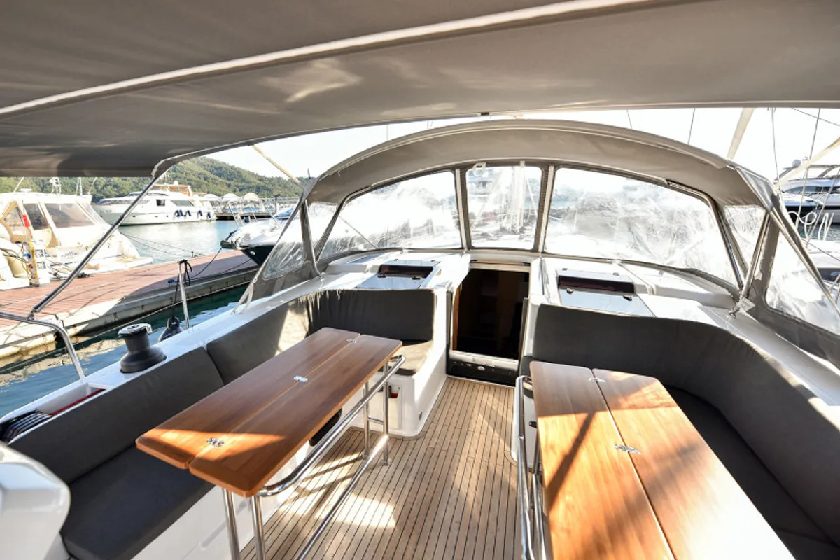 Deck of Hamam, a Hanse Yachts Hanse 508 sailboat at Fethiye, Turkey