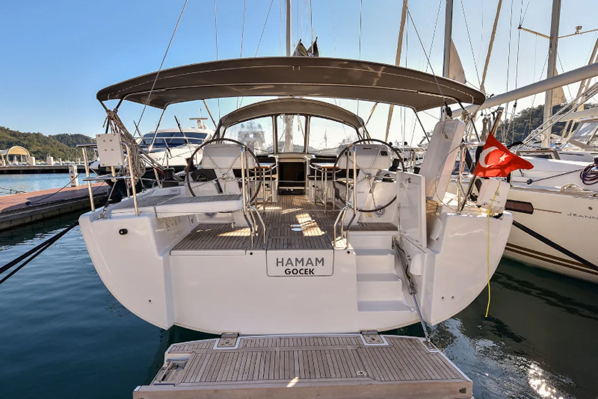 Exterior view of Hamam, a Hanse Yachts Hanse 508 sailboat at Fethiye, Turkey