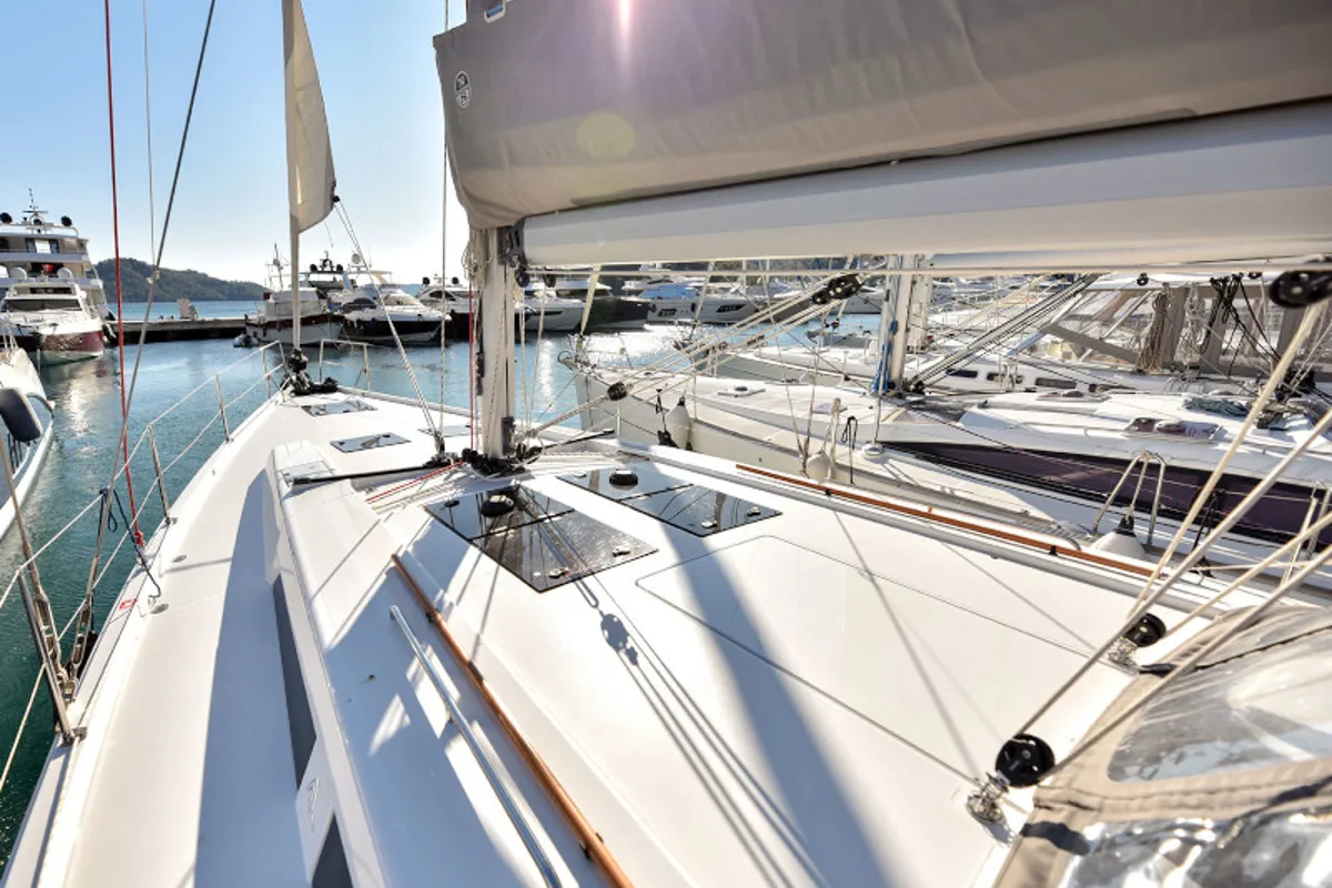 Deck of Hamam, a Hanse Yachts Hanse 508 sailboat at Fethiye, Turkey