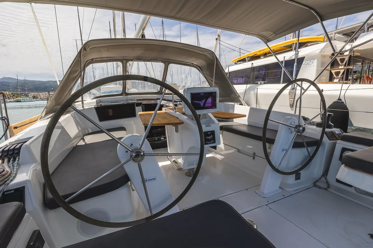 Cockpit of Dafne, a Hanse Yachts Hanse 418 sailboat at Municipal Unit of Lefkada, Greece