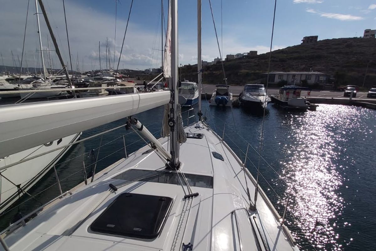 Exterior view of Ariadne, a Elan Impression 45.1 sailboat at Lavreotiki Municipal Unit, Greece