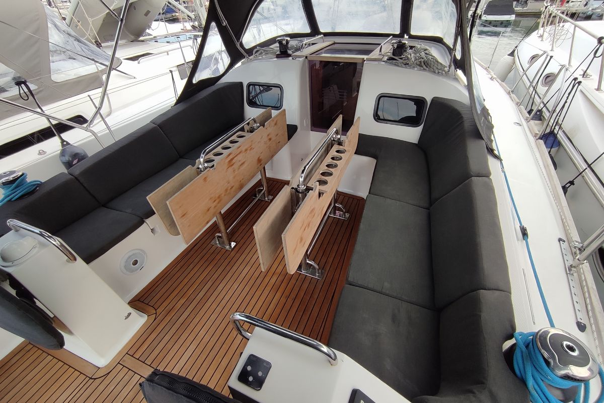 Deck of Ariadne, a Elan Impression 45.1 sailboat at Lavreotiki Municipal Unit, Greece
