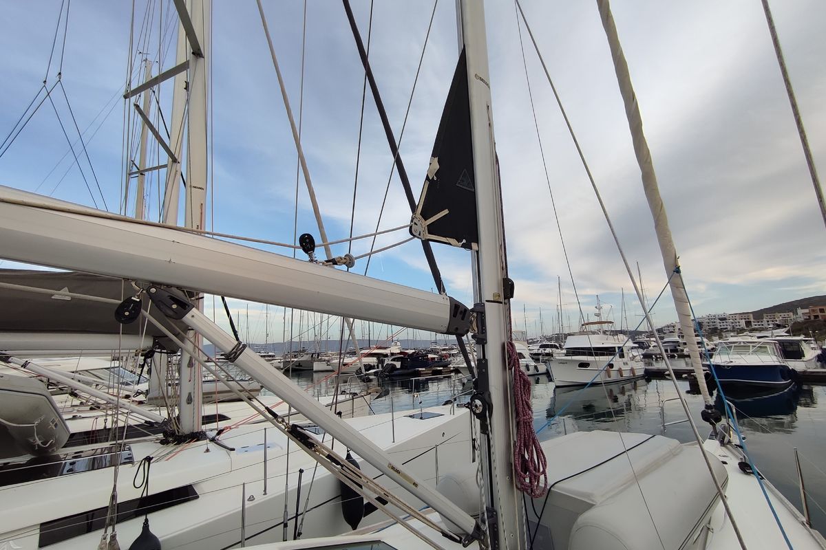 Exterior view of Ariadne, a Elan Impression 45.1 sailboat at Lavreotiki Municipal Unit, Greece