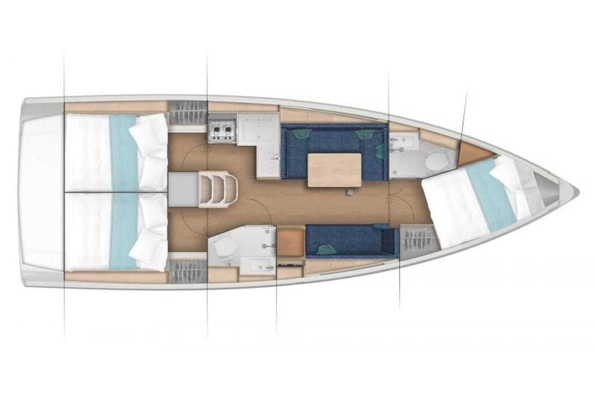 Floor plan of Derminica, a Jeanneau Sun Odyssey 380 sailboat at Neo Klima, Greece