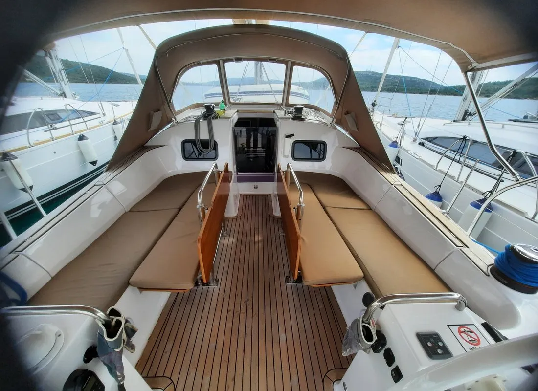 Deck of Carolina, a Elan Impression 45.1 sailboat at Pirovac, Croatia