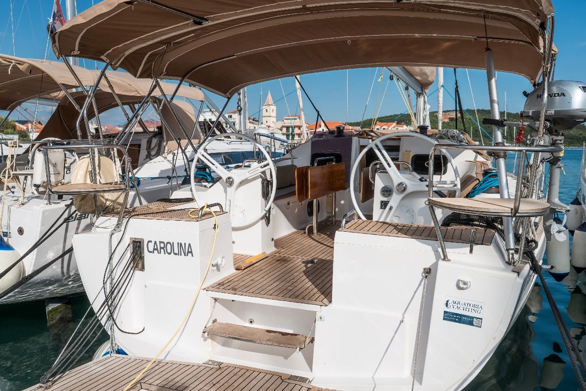 Deck of Carolina, a Elan Impression 45.1 sailboat at Pirovac, Croatia
