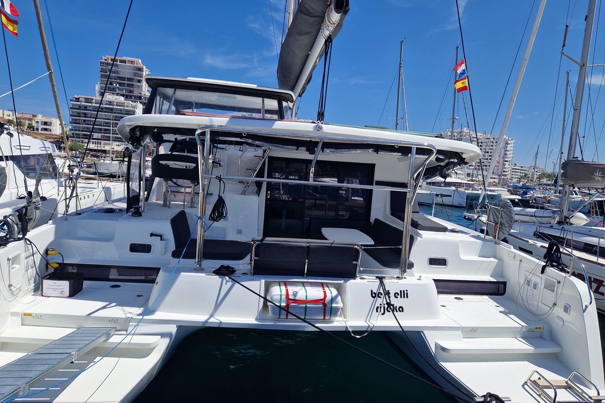 Exterior view of Best Elli, a Lagoon 42 catamaran at Sant Antoni de Portmany, Spain