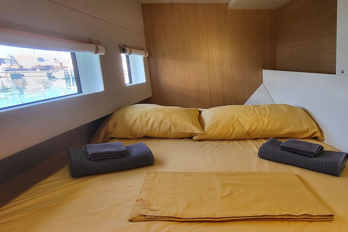Cabin on Dolce Luna, a Bali Catsmart catamaran at Figari/Golfo Aranci, Italy