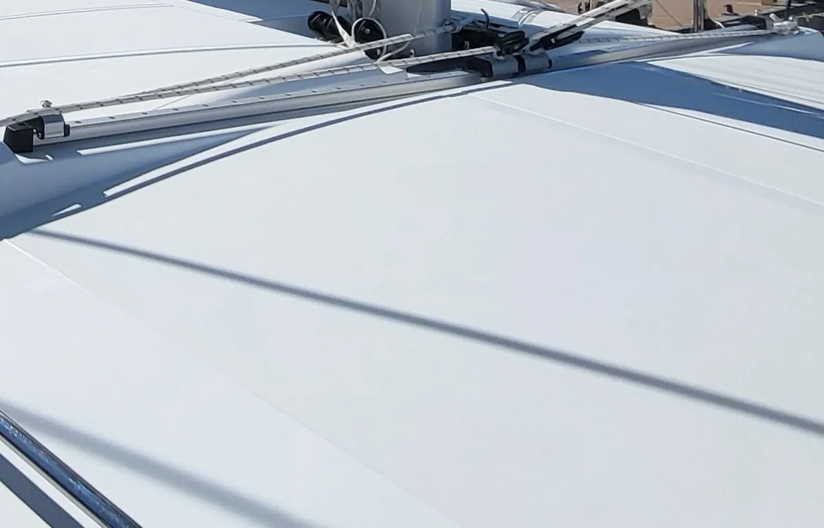 Deck of Dolce Luna, a Bali Catsmart catamaran at Figari/Golfo Aranci, Italy