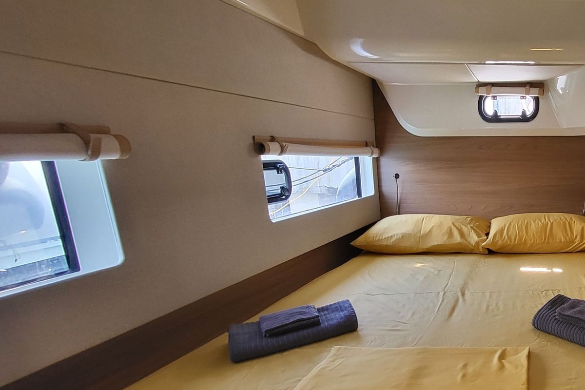 Cabin on Dolce Luna, a Bali Catsmart catamaran at Figari/Golfo Aranci, Italy