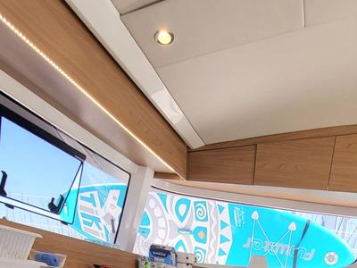 Salon of Dolce Luna, a Bali Catsmart catamaran at Figari/Golfo Aranci, Italy