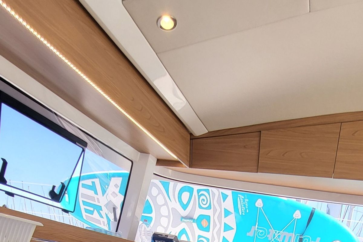 Salon of Dolce Luna, a Bali Catsmart catamaran at Figari/Golfo Aranci, Italy