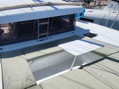 Deck of Dolce Luna, a Bali Catsmart catamaran at Figari/Golfo Aranci, Italy