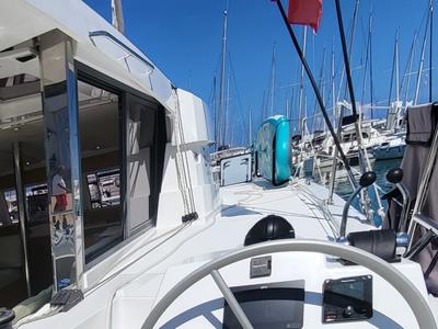 Cockpit of Dolce Luna, a Bali Catsmart catamaran at Figari/Golfo Aranci, Italy