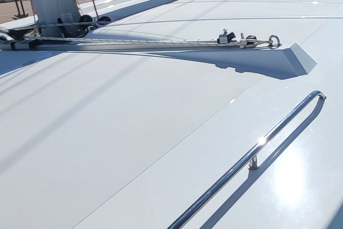 Deck of Dolce Luna, a Bali Catsmart catamaran at Figari/Golfo Aranci, Italy