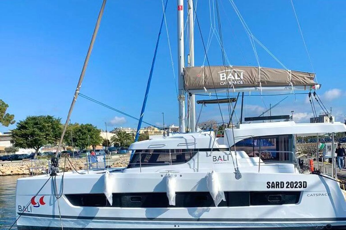 Exterior view of Capriccioli, a Bali Catspace catamaran at Cagliari, Italy