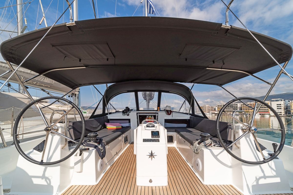 Cockpit of Esperos, a Jeanneau Sun Odyssey 440 sailboat at Volos Municipality, Greece