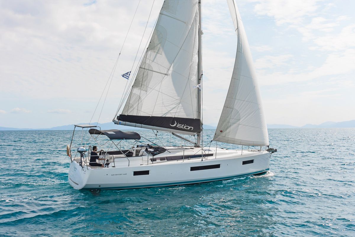 Exterior view of Esperos, a Jeanneau Sun Odyssey 440 sailboat at Volos Municipality, Greece