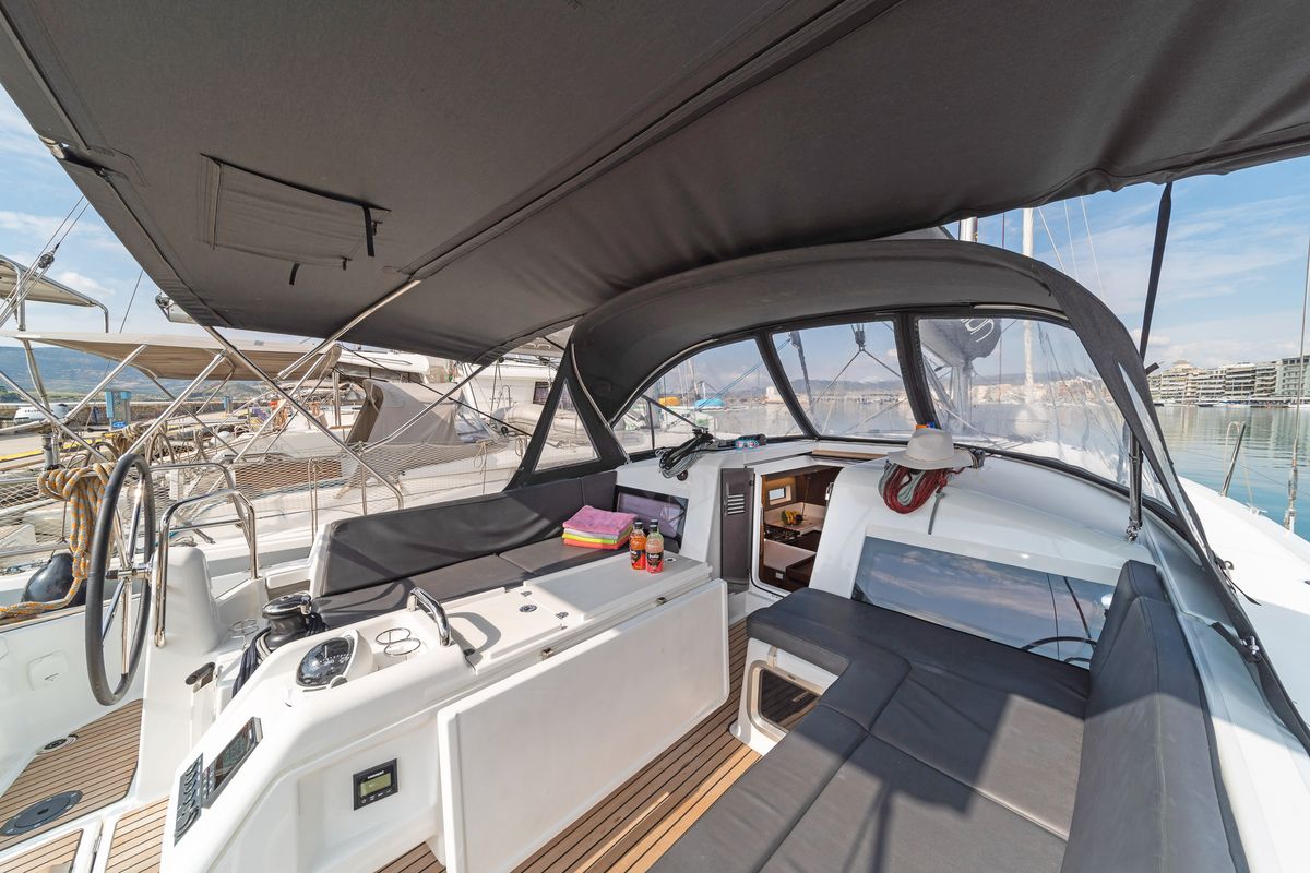 Deck of Esperos, a Jeanneau Sun Odyssey 440 sailboat at Volos Municipality, Greece