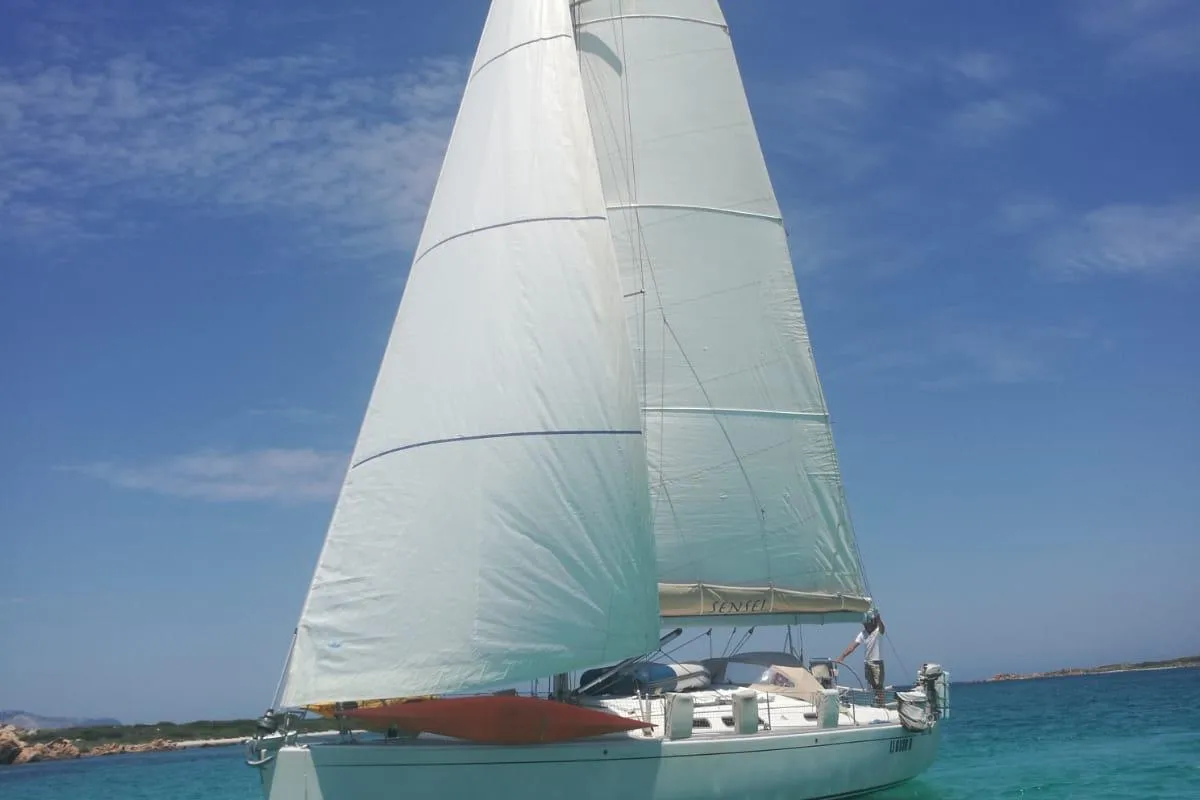 Exterior view of Sensei, a Hanse Yachts Hanse 400e sailboat at Puntone di Scarlino, Italy