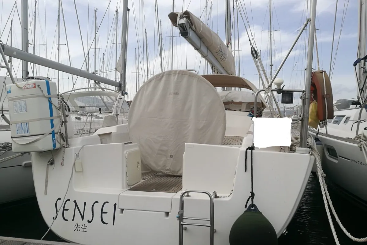 Exterior view of Sensei, a Hanse Yachts Hanse 400e sailboat at Puntone di Scarlino, Italy