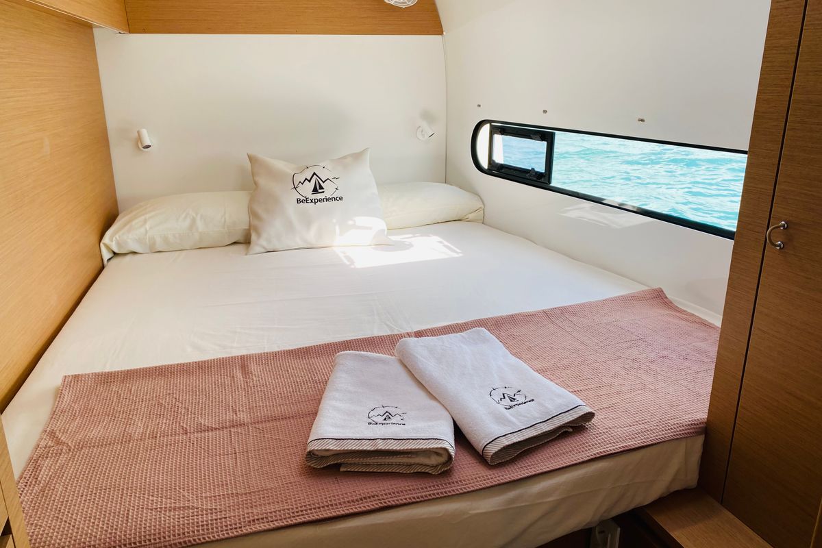 Cabin on Yemaya Mallorca Crewed, a Excess 11 catamaran at Port d'Andratx, Spain