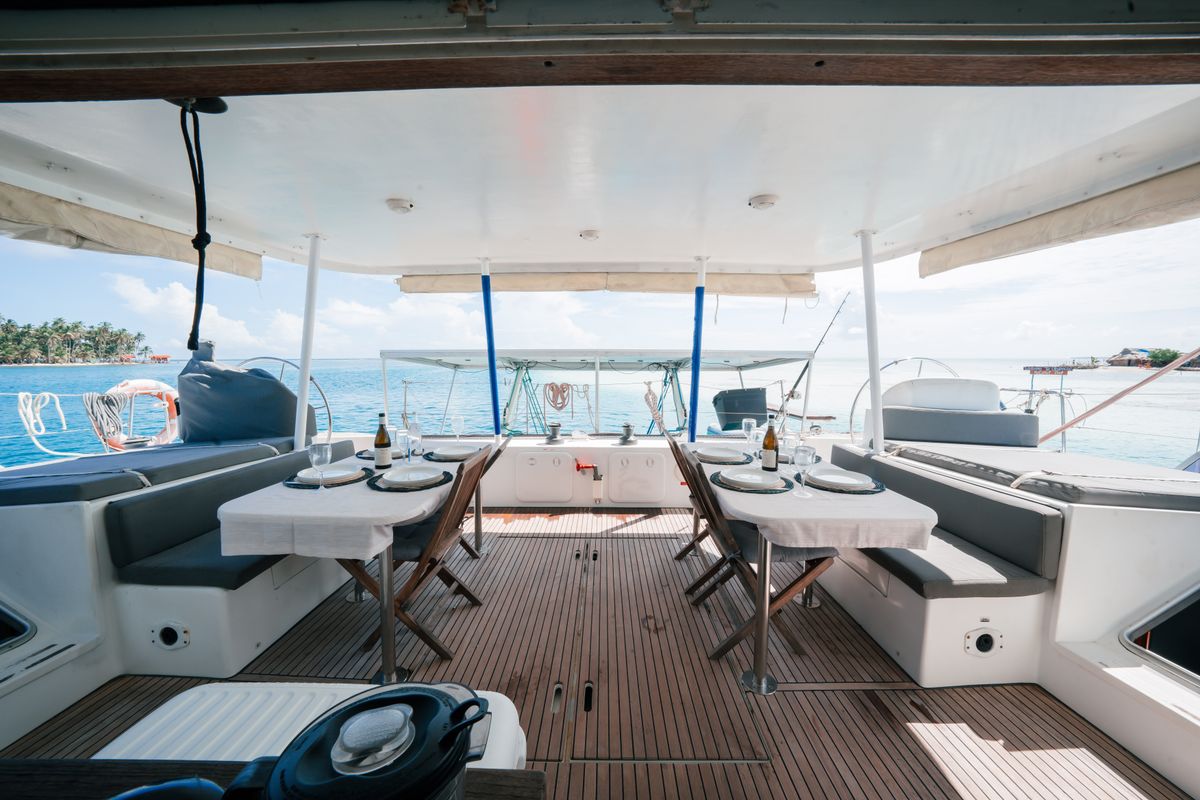 Deck of Charcot, a Lagoon 570 catamaran at San Blas, Panama