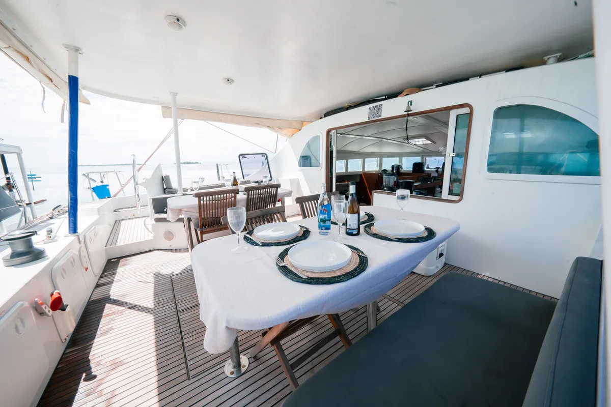 Deck of Charcot, a Lagoon 570 catamaran at San Blas, Panama