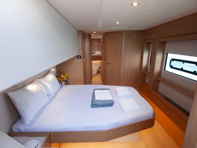Cabin on Nereid, a Bali 4.8 catamaran at Parikia, Greece