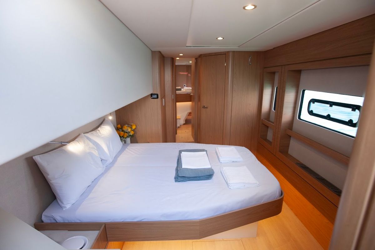 Cabin on Nereid, a Bali 4.8 catamaran at Parikia, Greece