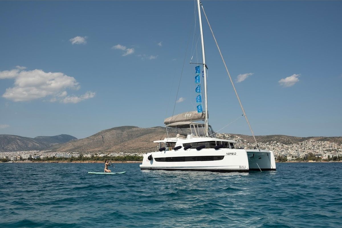 Exterior view of Nereid, a Bali 4.8 catamaran at Parikia, Greece