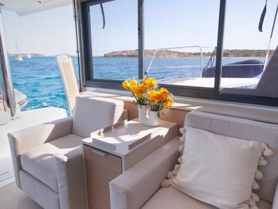Salon of Nereid, a Bali 4.8 catamaran at Parikia, Greece