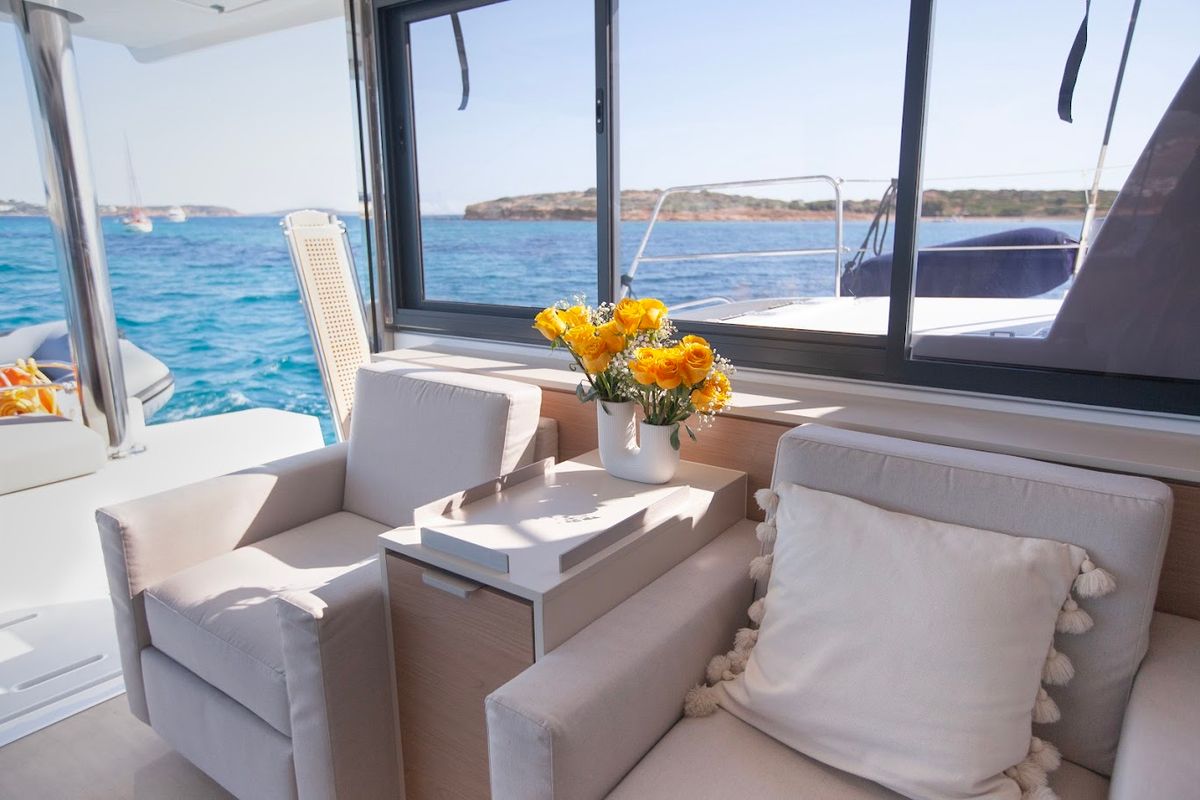 Salon of Nereid, a Bali 4.8 catamaran at Parikia, Greece