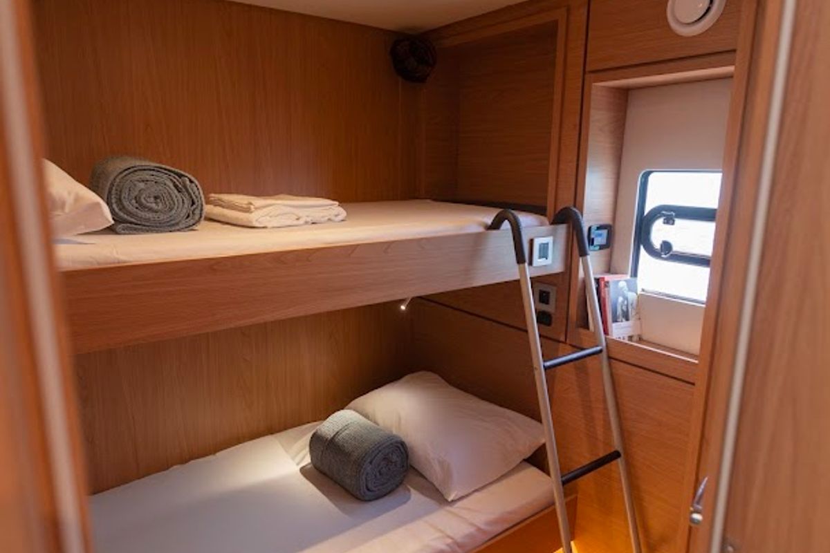 Cabin on Nereid, a Bali 4.8 catamaran at Parikia, Greece