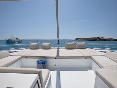 Deck of Nereid, a Bali 4.8 catamaran at Parikia, Greece