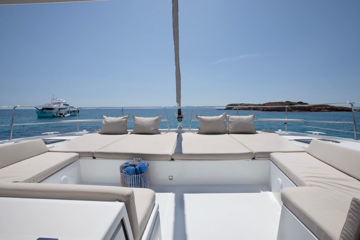 Deck of Nereid, a Bali 4.8 catamaran at Parikia, Greece